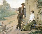 Farmyard Paintings - Peasant Couple in Farmyard by Henri Adriene Tanoux